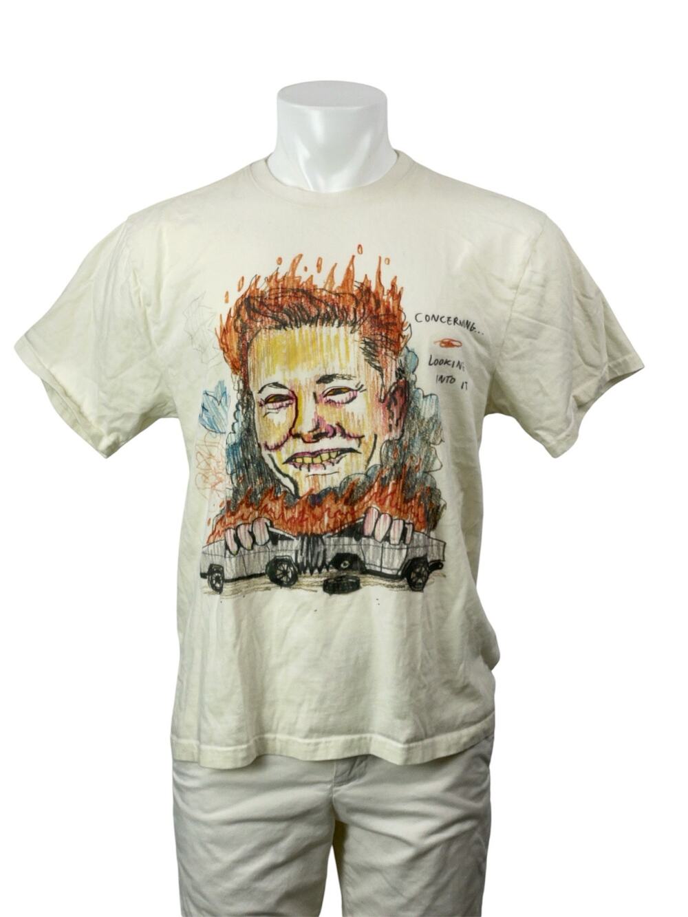 Teddy Fresh Men's Cream Elon Musk Flame Graphic Crew Neck T Shirt Tee Top Size L